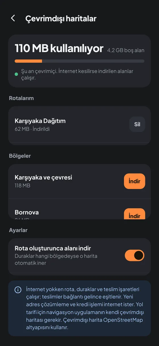 Çevrimdışı haritalar ekranı