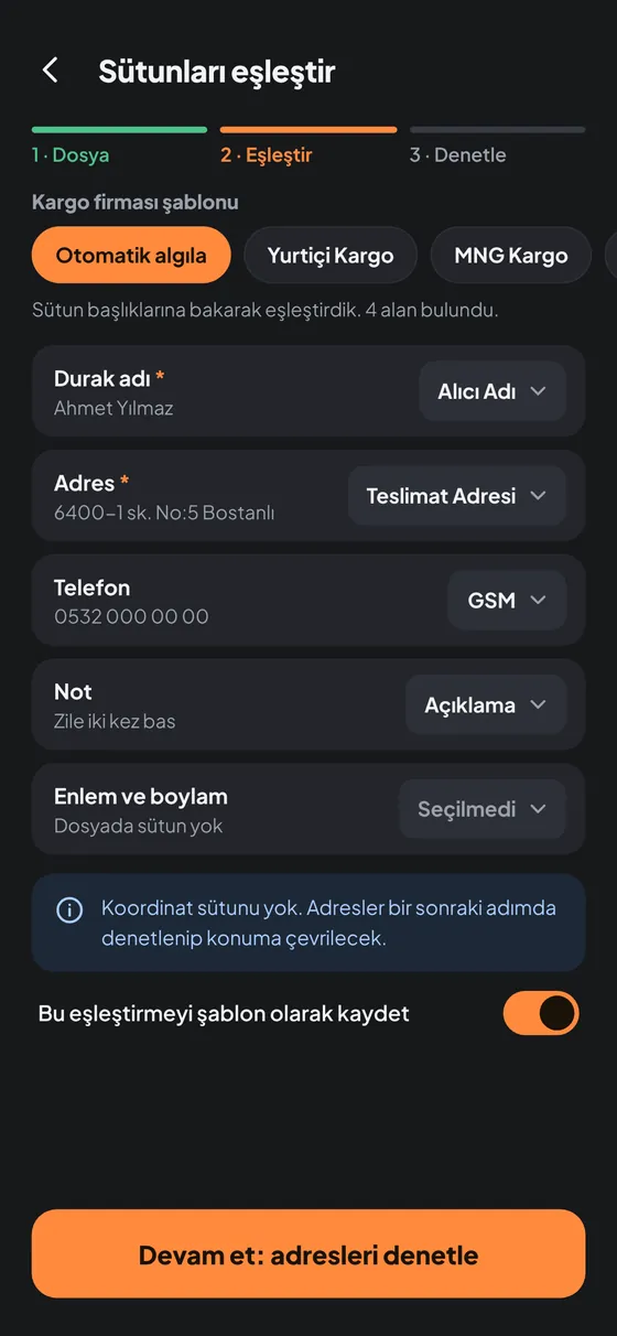 Sütunları eşleştirme ekranı